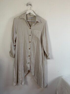 Saga Made in Italy Women Linen Button Down Tunic Top Blouse Asymmetric Lagenlook
